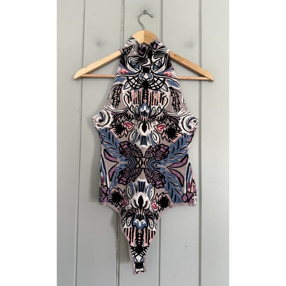 Free People Tucker Bodysuit S Small Mock Neck Stretch Sleeveless Purple Abstract